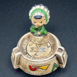 Native American Indian Boy Ashtray Ceramic Dish Ashtray Container Vintage Decor